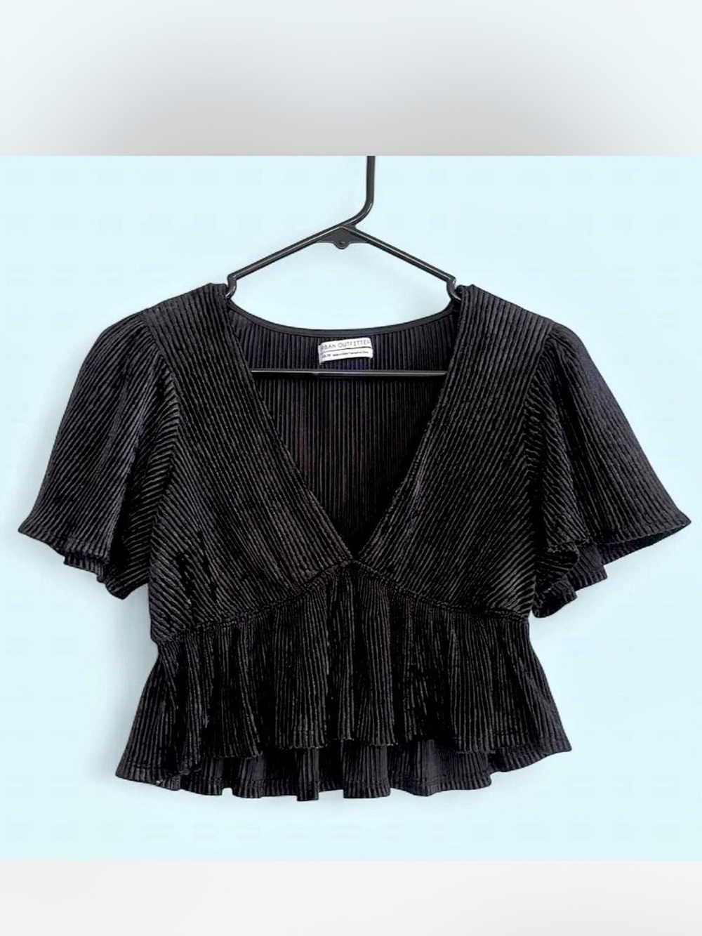 Urban Outfitters Black Velvet Ribbed V-Neck Peplum Crop Top